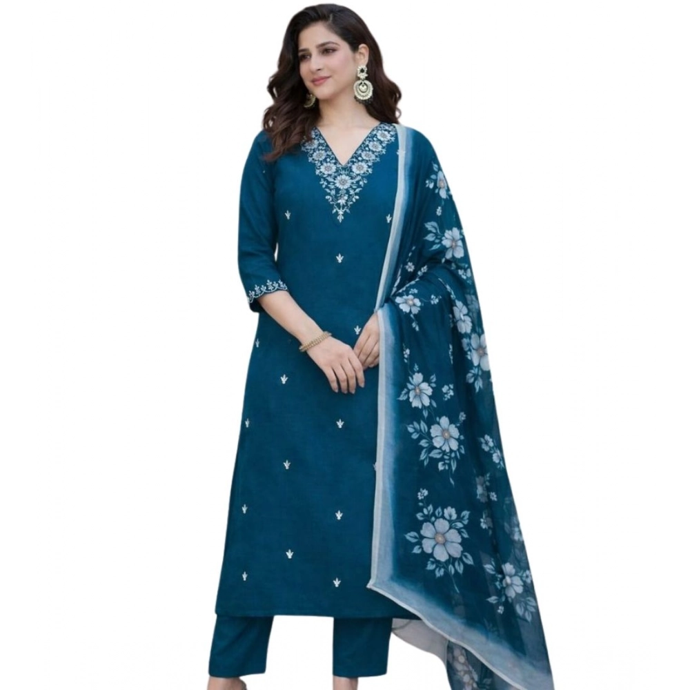 Generic Women's Chanderi Silk Ethnic Motif V-Neck 3/4th Sleeve Kurti With Pant Dupatta Set (Teal) - Image 3