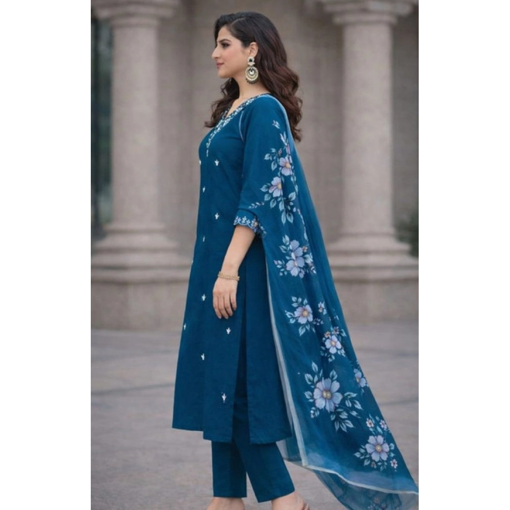 Generic Women's Chanderi Silk Ethnic Motif V-Neck 3/4th Sleeve Kurti With Pant Dupatta Set (Teal) - Image 4