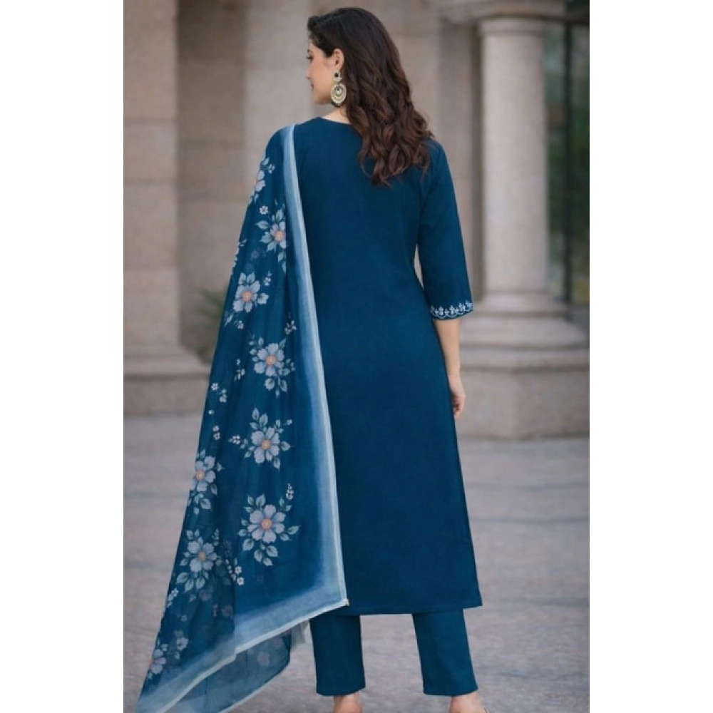 Generic Women's Chanderi Silk Ethnic Motif V-Neck 3/4th Sleeve Kurti With Pant Dupatta Set (Teal) - Image 5