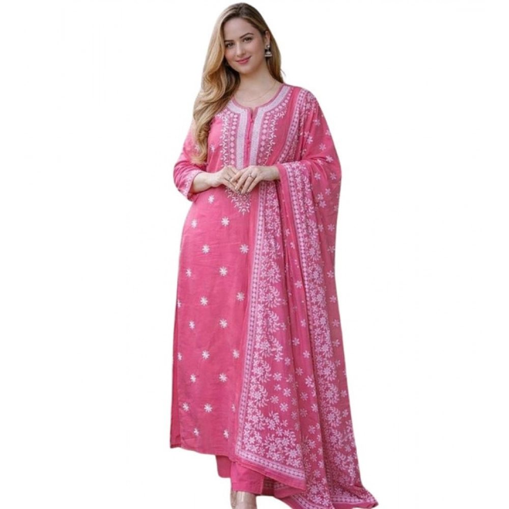 Generic Women's Chanderi Silk Ethnic Motif Round 3/4th Sleeve Kurti With Pant Dupatta Set (Pink) - Image 3