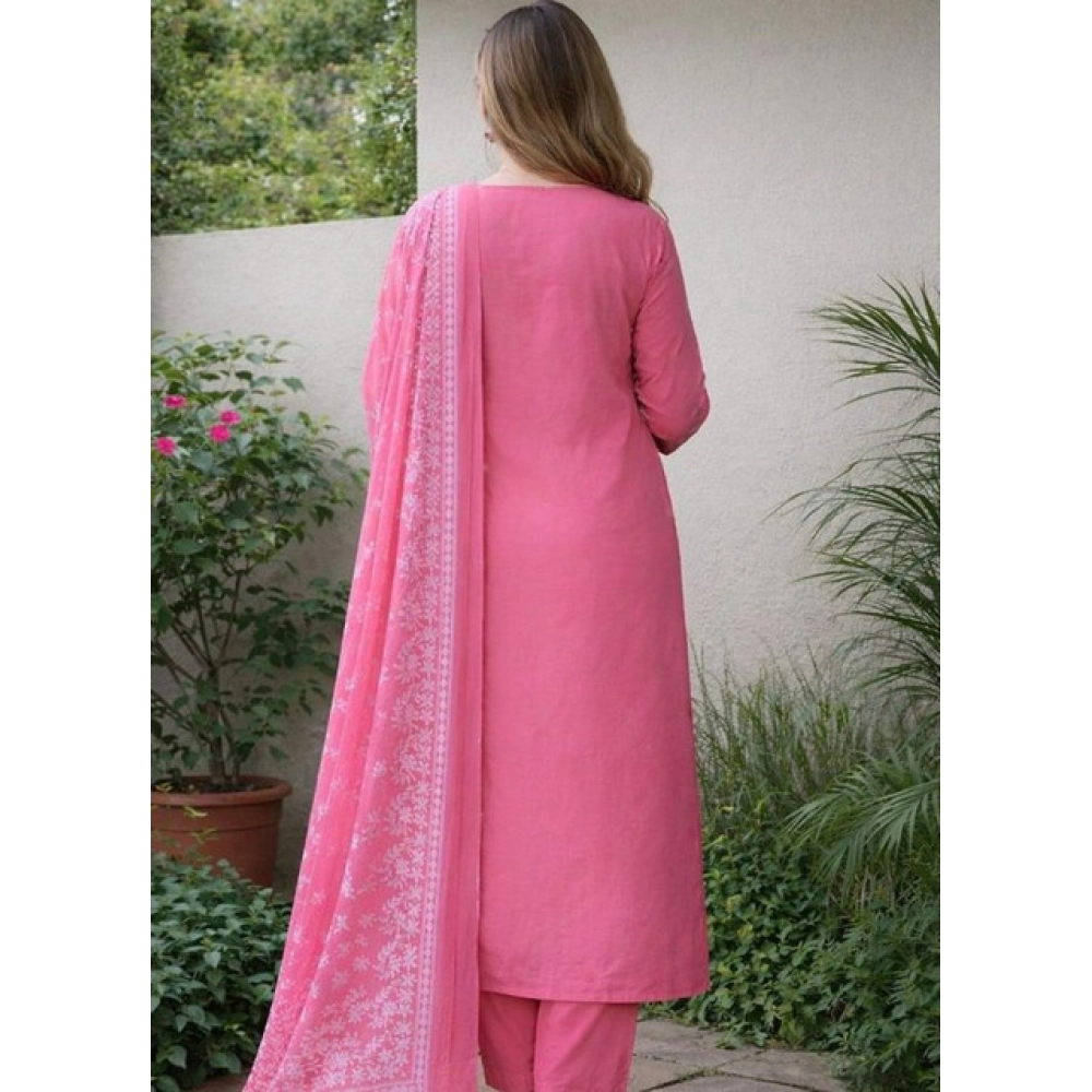 Generic Women's Chanderi Silk Ethnic Motif Round 3/4th Sleeve Kurti With Pant Dupatta Set (Pink) - Image 4