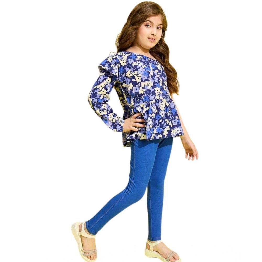 Girl's Polyester Floral One Shoulder Jeggings Set (Blue) - Image 2