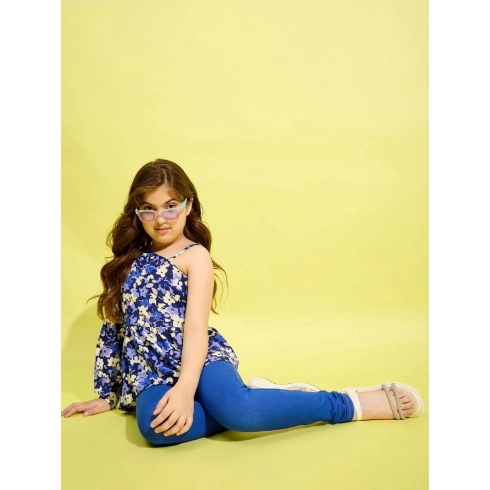 Girl's Polyester Floral One Shoulder Jeggings Set (Blue) - Image 3