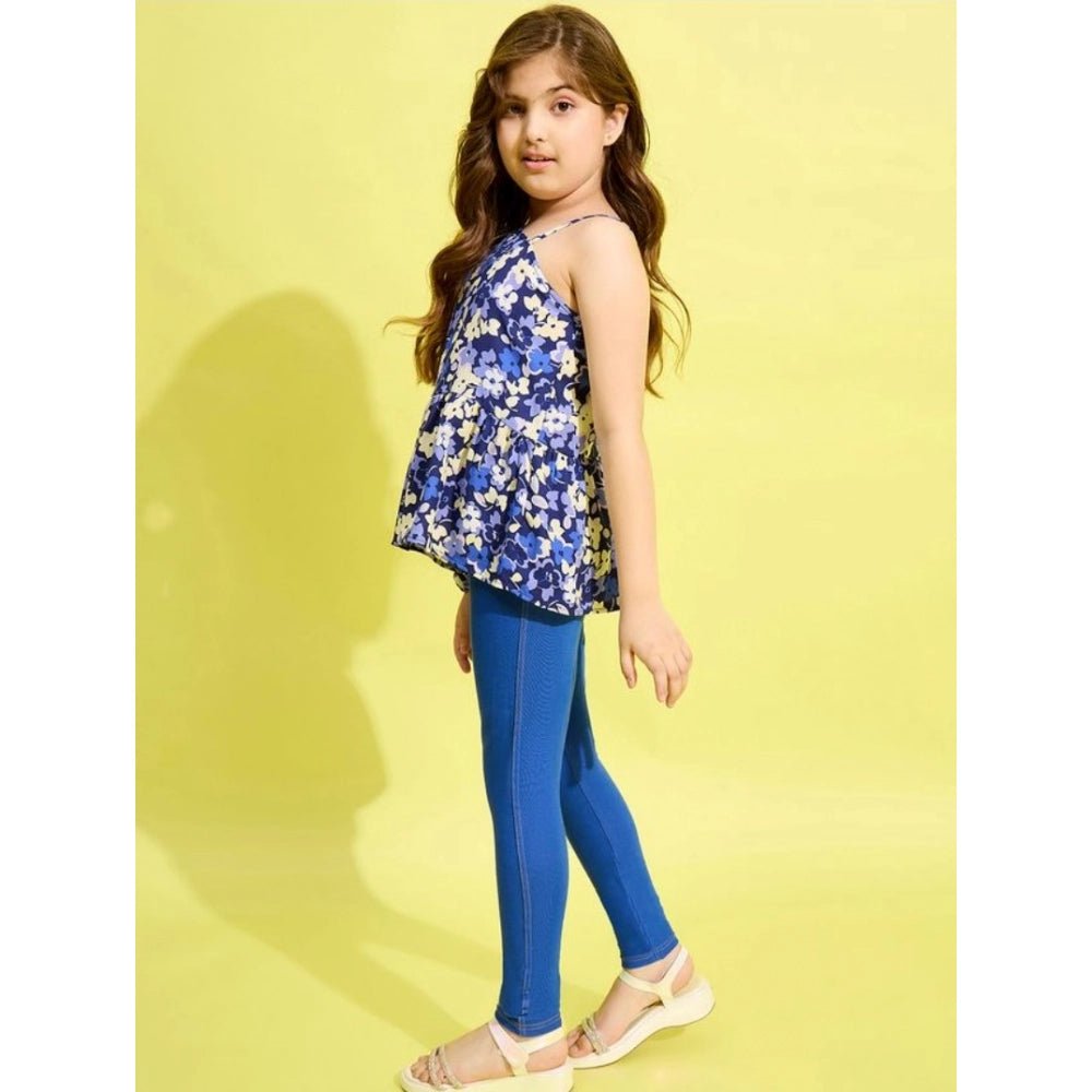 Girl's Polyester Floral One Shoulder Jeggings Set (Blue) - Image 4