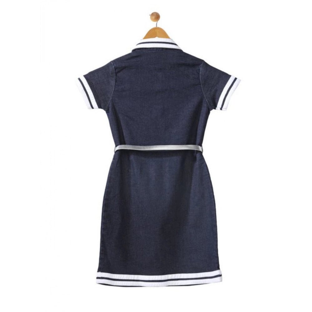 Girl's Denim Lycra Ribbed Elasticated Dress with Belt (Navy Blue-White) - Image 2