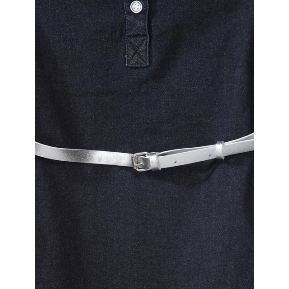 Girl's Denim Lycra Ribbed Elasticated Dress with Belt (Navy Blue-White) - Image 3