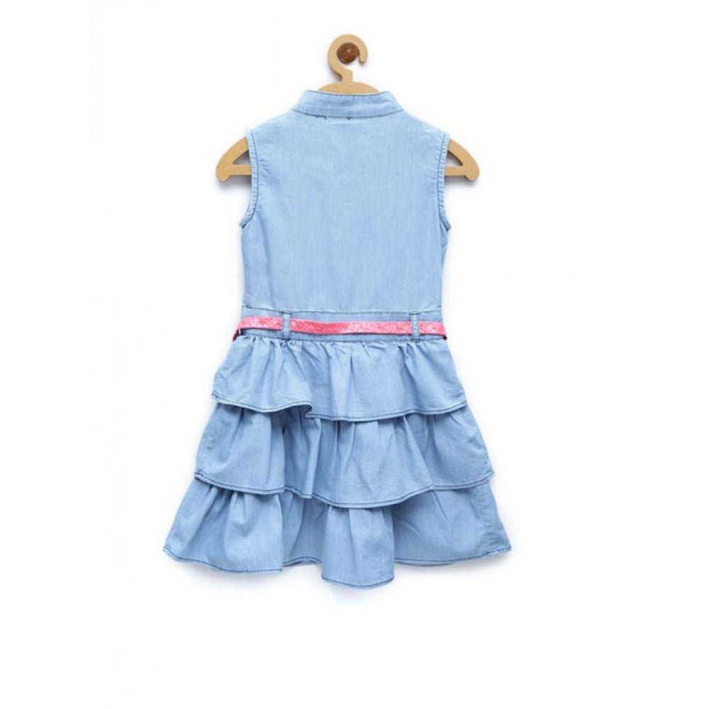 Girl's Denim Embellished Sleeveless Dress with Belt (Light Blue) - Image 2