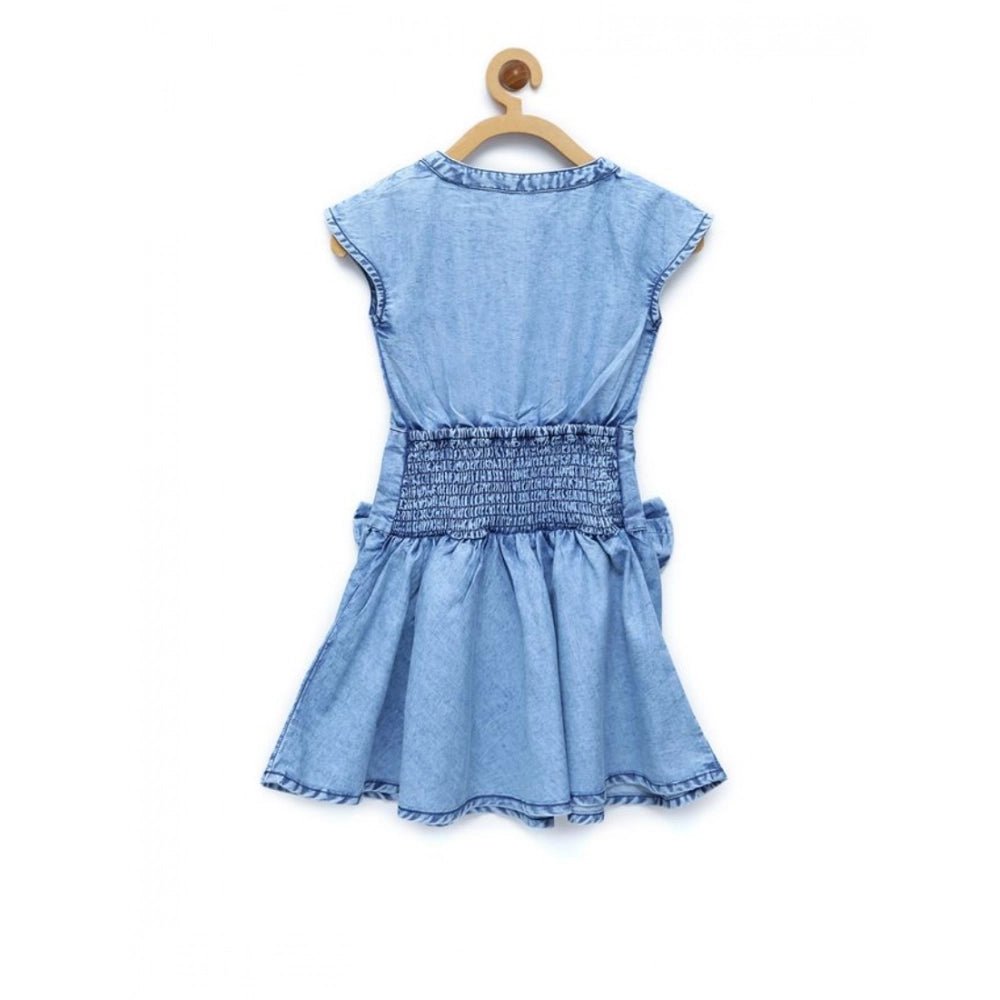 Girl's Denim Embellished Cap Sleeve bow Dress (Light Blue) - Image 2