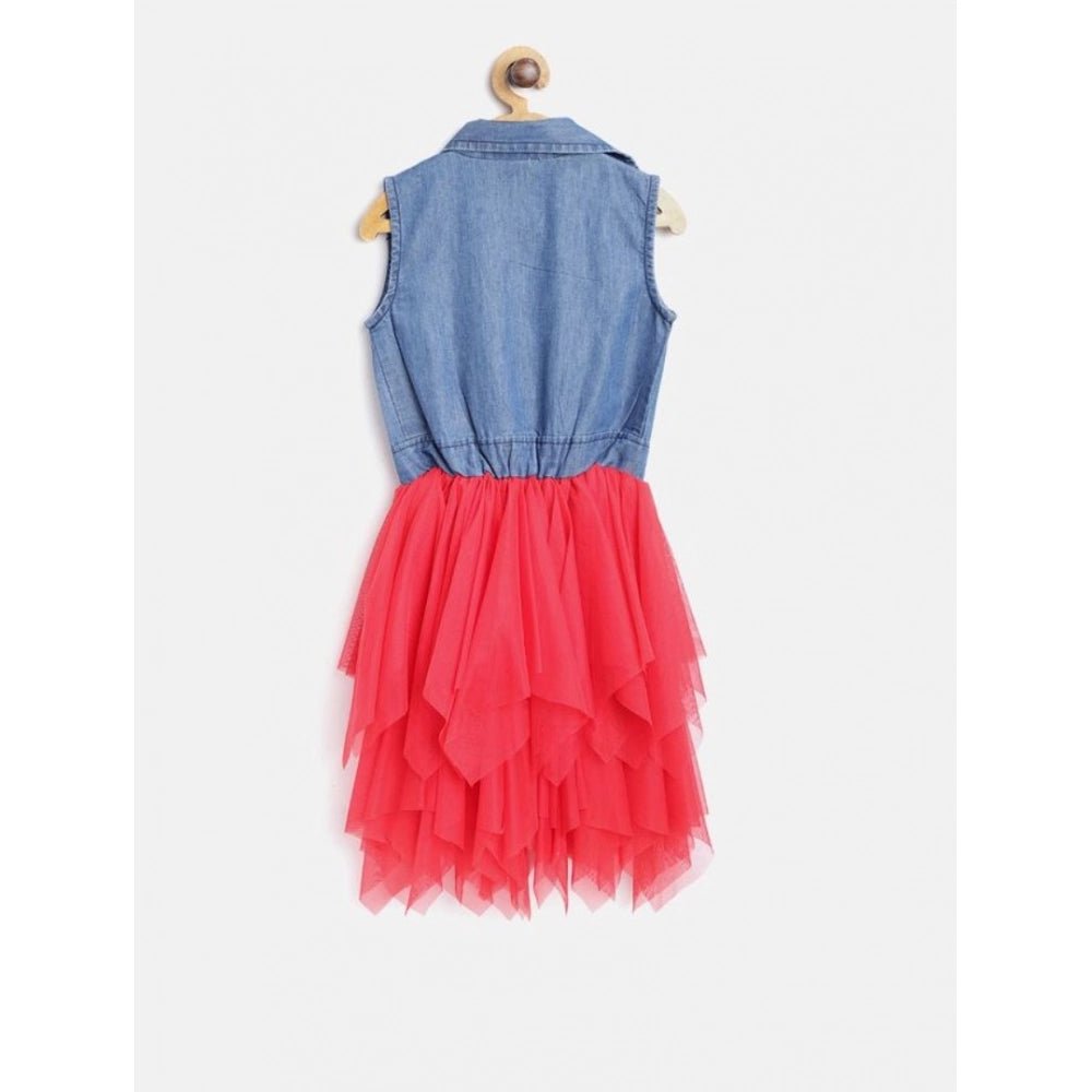 Girl's Denim Roll Up Buttoned Dress (Blue-Red) - Image 2