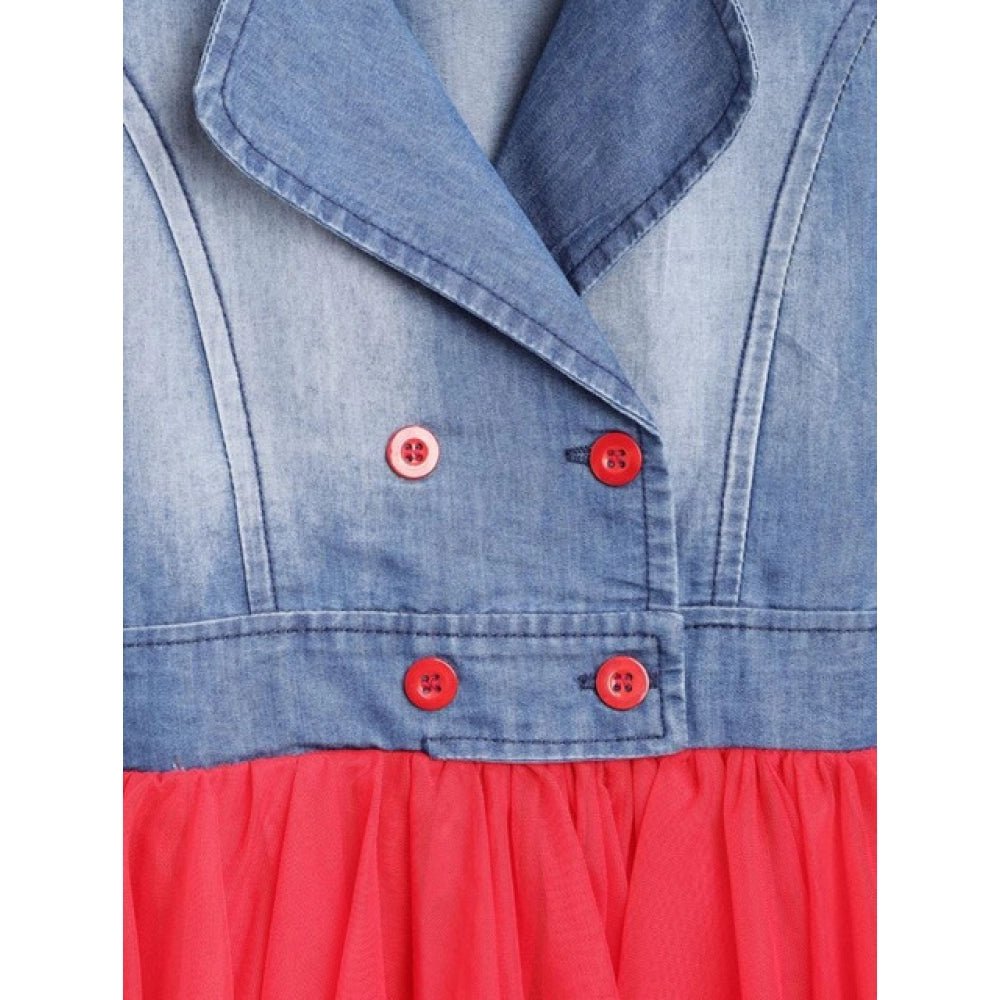 Girl's Denim Roll Up Buttoned Dress (Blue-Red) - Image 3