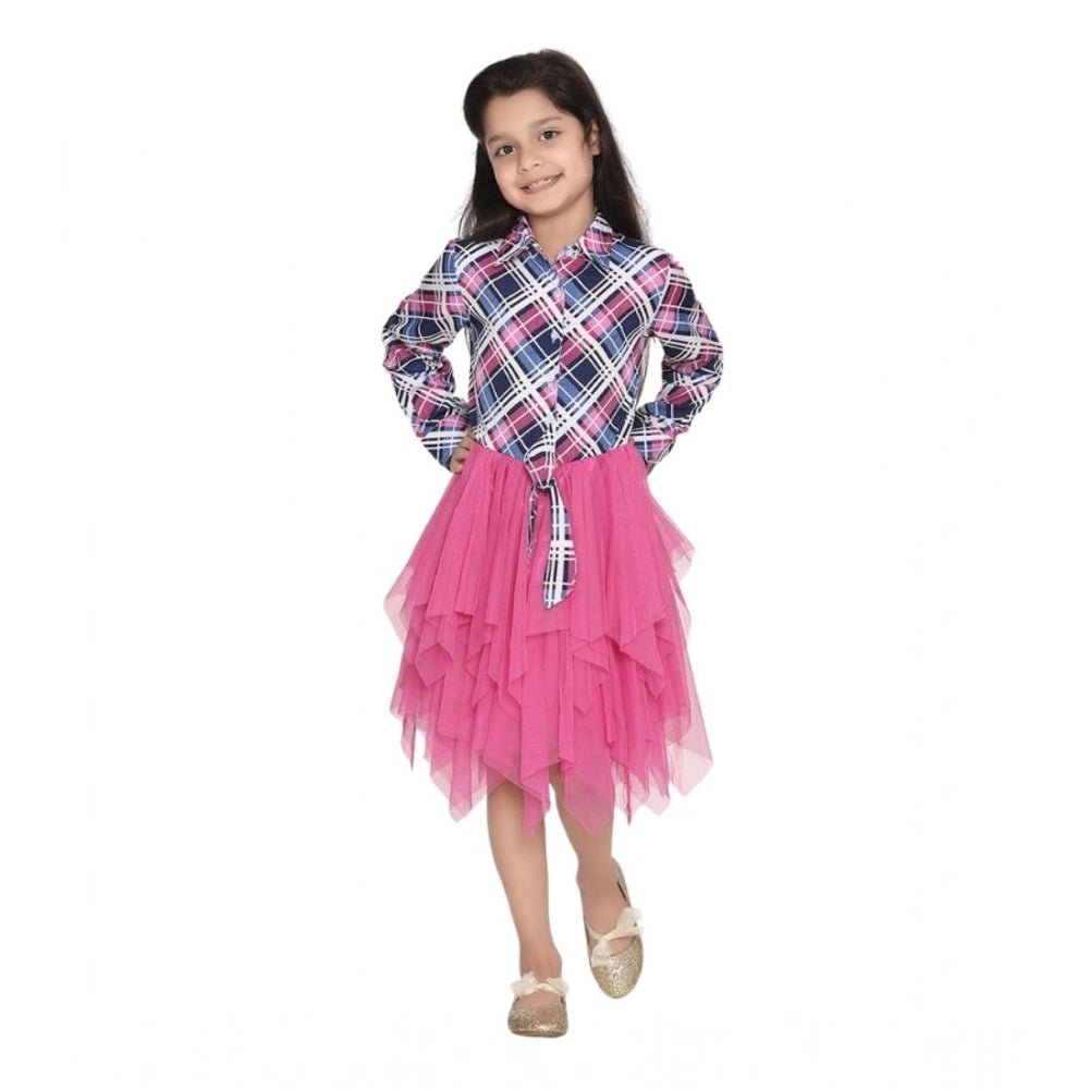 Girl's Polyster Crepe Lace Inserts Long Sleeves Dress (Pink-Blue) - Image 2