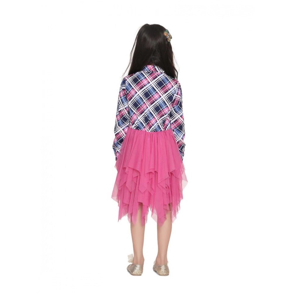 Girl's Polyster Crepe Lace Inserts Long Sleeves Dress (Pink-Blue) - Image 3