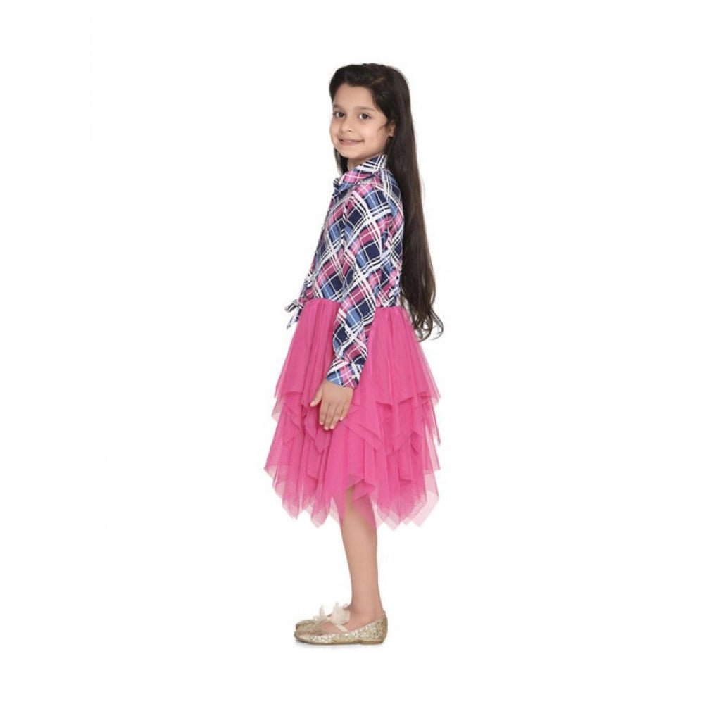 Girl's Polyster Crepe Lace Inserts Long Sleeves Dress (Pink-Blue) - Image 4