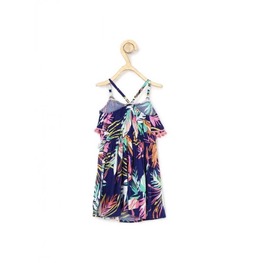 Girl's Rayon Printed Shoulder Straps Dress (Navy Blue) - Image 2