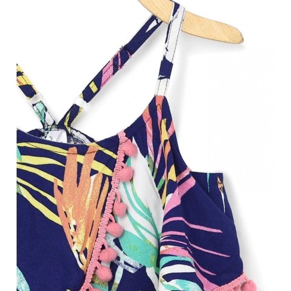 Girl's Rayon Printed Shoulder Straps Dress (Navy Blue) - Image 3