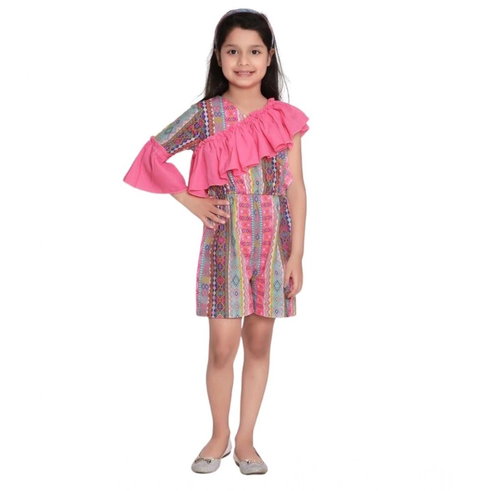 Girl's Cotton ; Polyester Printed 3/4th Sleeves Dress (Pink) - Image 2