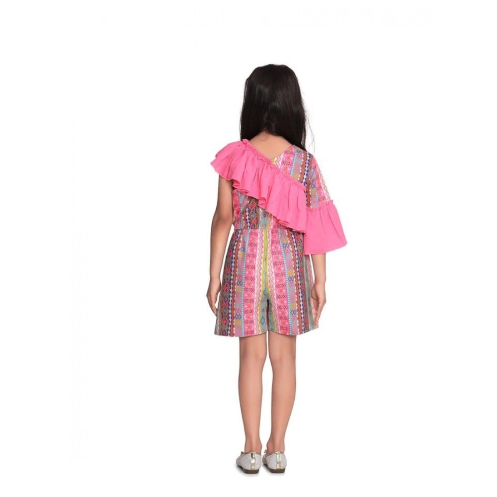 Girl's Cotton ; Polyester Printed 3/4th Sleeves Dress (Pink) - Image 3
