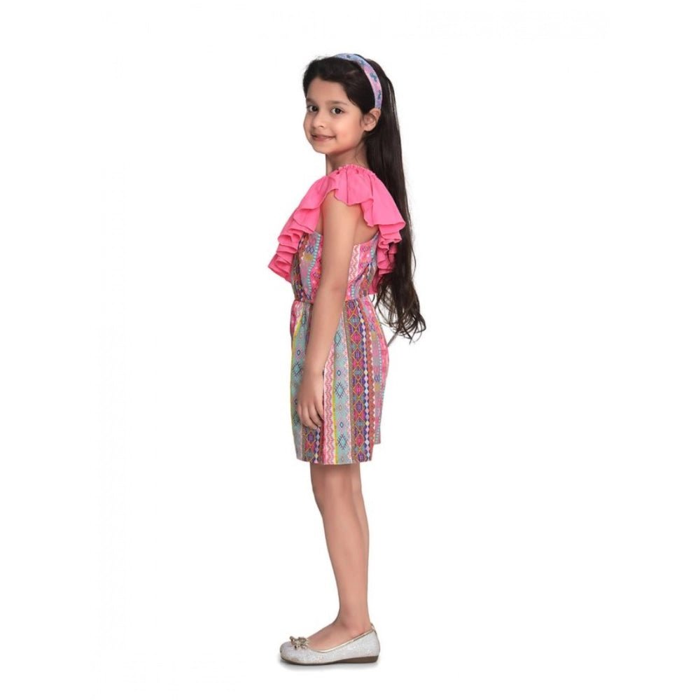 Girl's Cotton ; Polyester Printed 3/4th Sleeves Dress (Pink) - Image 4
