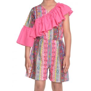 Girl's Cotton ; Polyester Printed 3/4th Sleeves Dress (Pink)