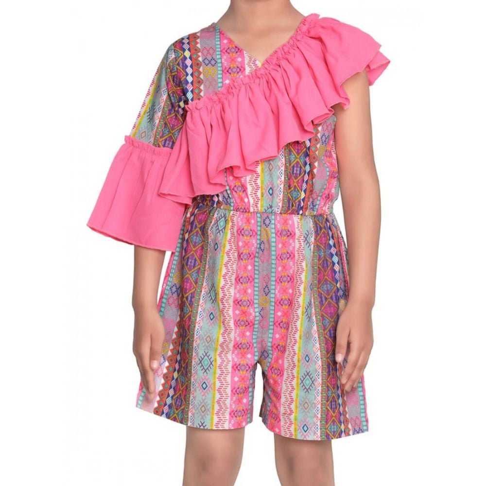 Girl's Cotton ; Polyester Printed 3/4th Sleeves Dress (Pink)