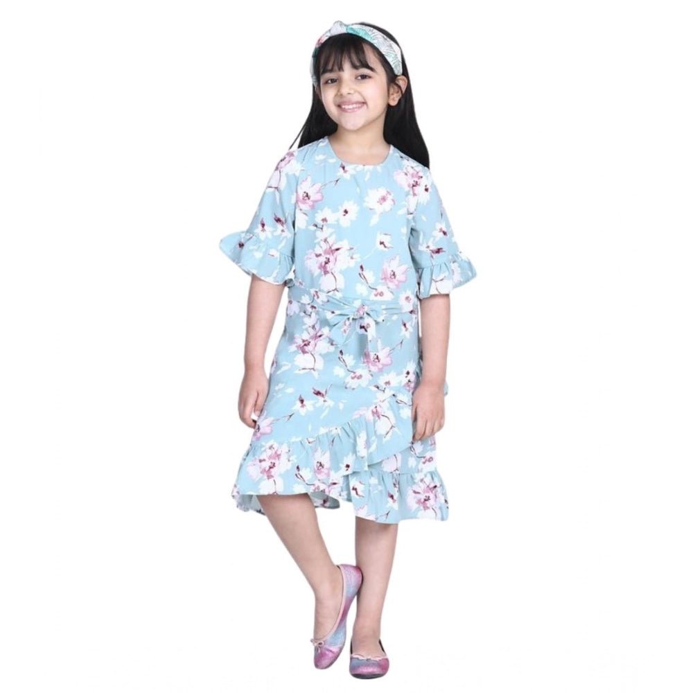 Girl's Polyester Crepe Floral Bell Sleeve Dress (Turquoise Blue) - Image 2