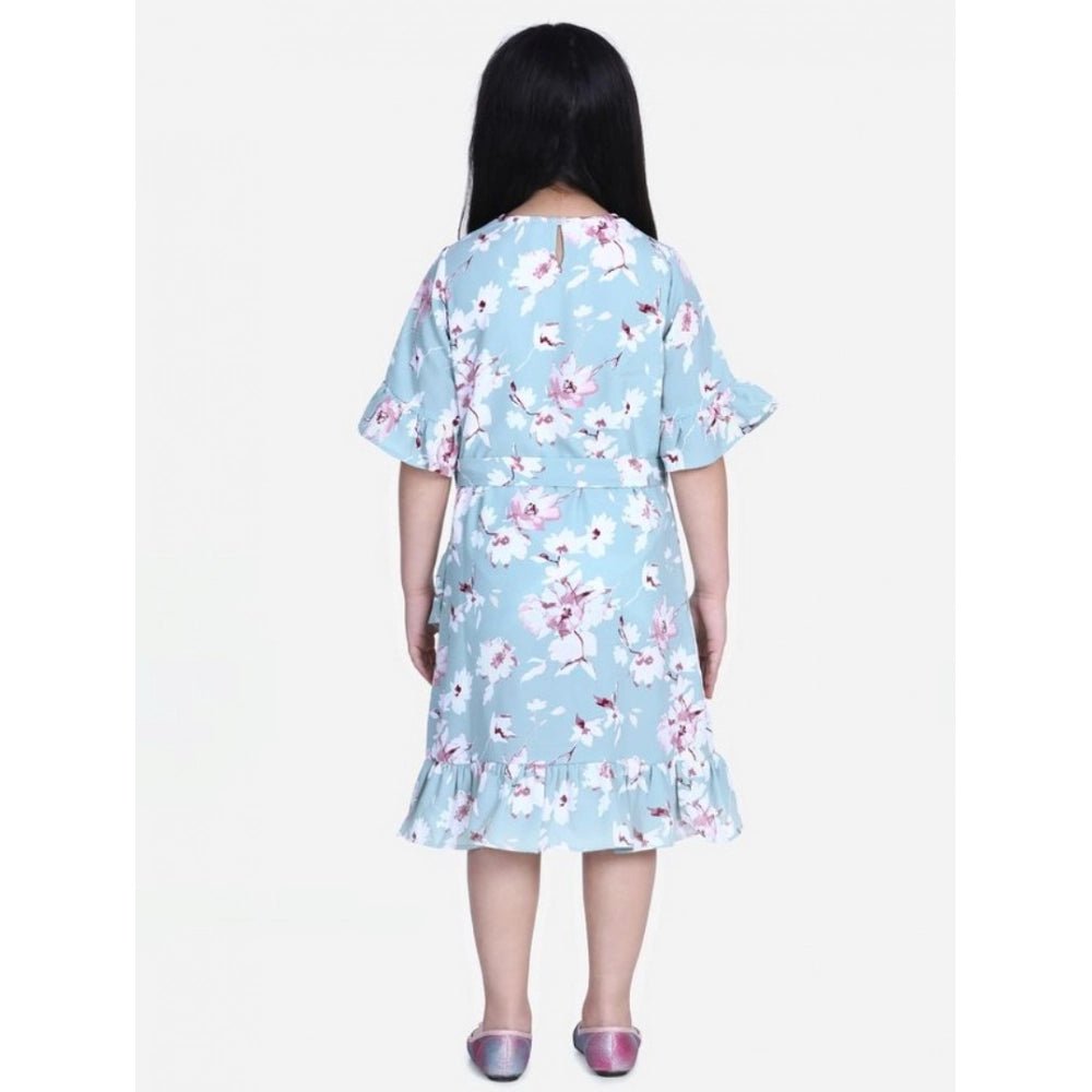 Girl's Polyester Crepe Floral Bell Sleeve Dress (Turquoise Blue) - Image 3
