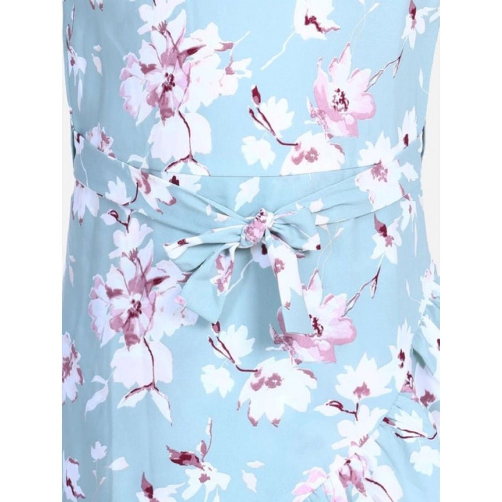 Girl's Polyester Crepe Floral Bell Sleeve Dress (Turquoise Blue) - Image 4