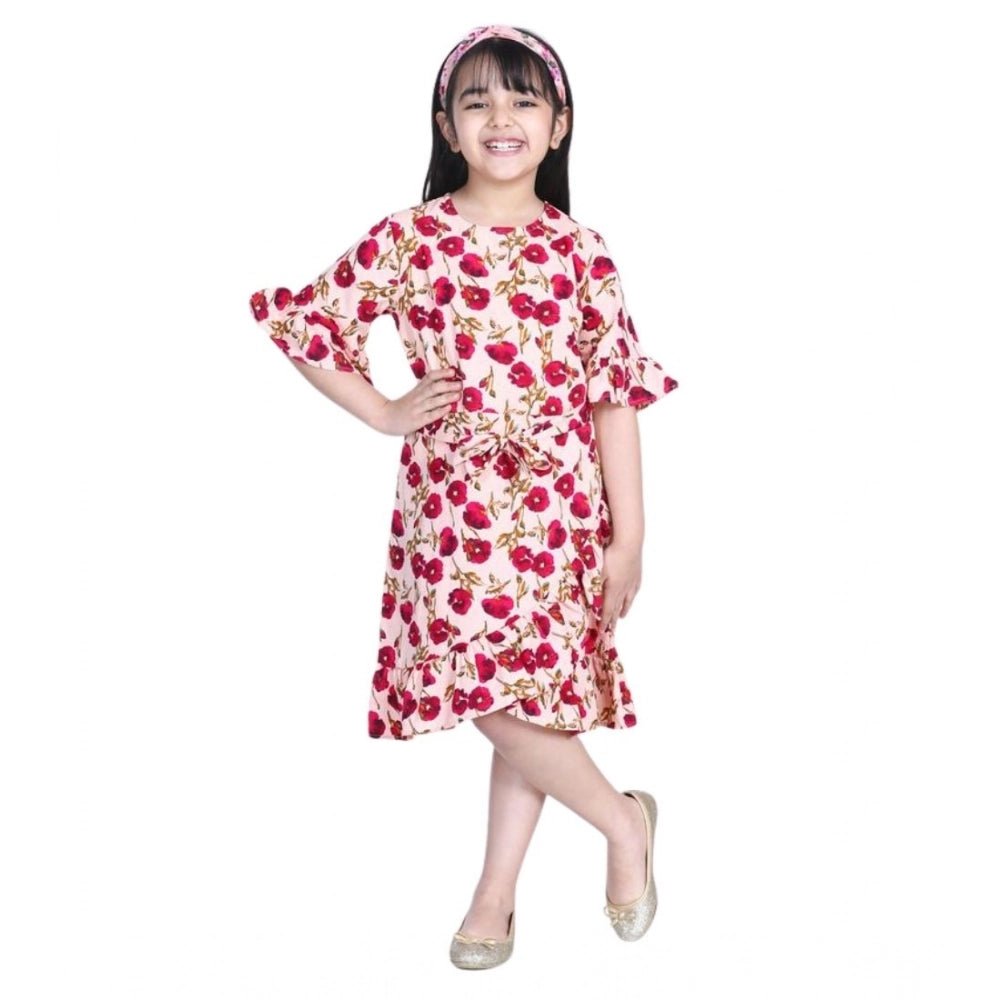 Girl's Polyester Crepe Floral Bell Sleeve Dress (Red-Pink) - Image 2