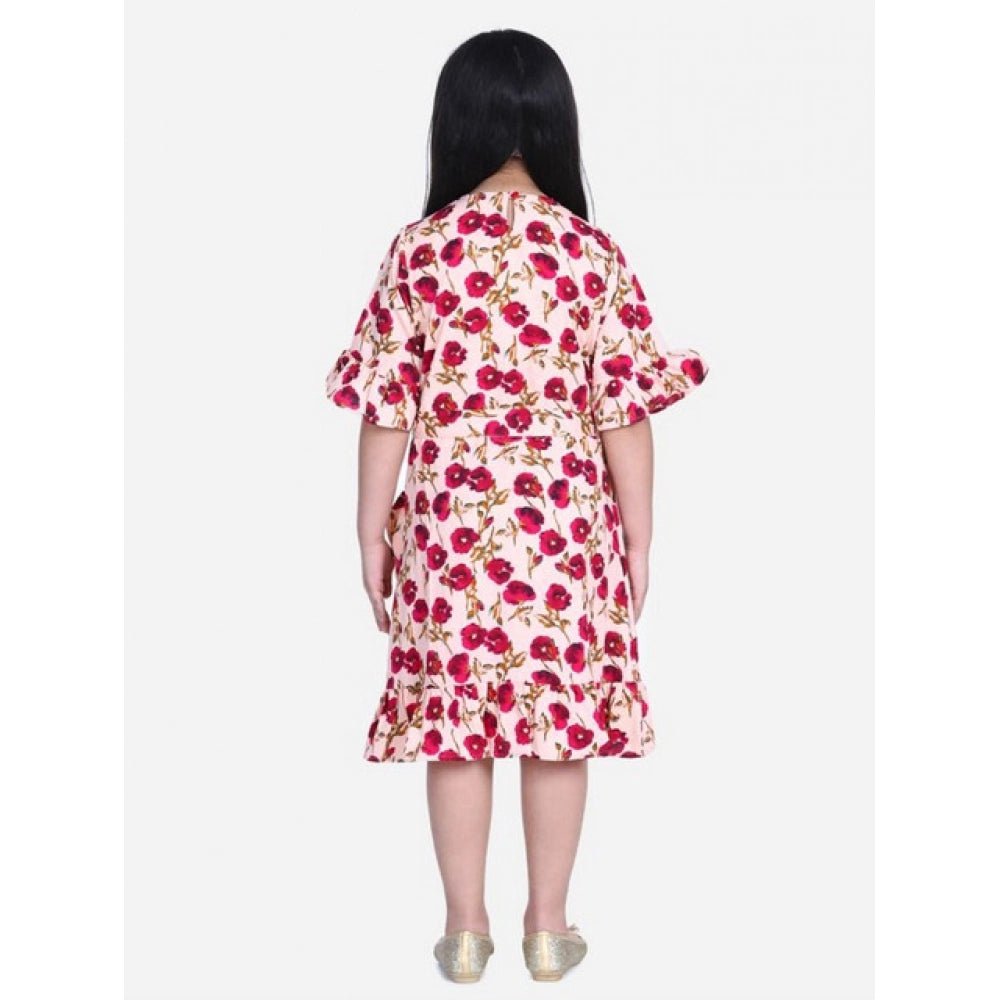 Girl's Polyester Crepe Floral Bell Sleeve Dress (Red-Pink) - Image 3