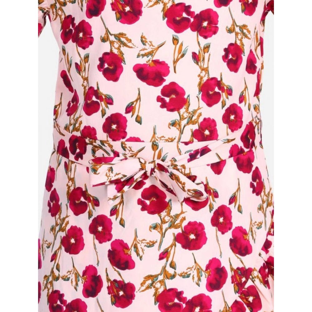 Girl's Polyester Crepe Floral Bell Sleeve Dress (Red-Pink) - Image 4
