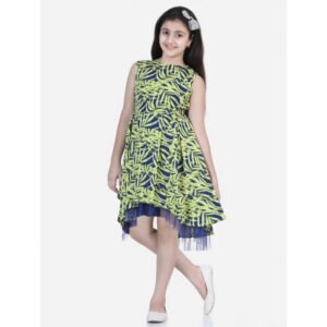 Girl's Polyester Crepe ; Net Printed Sleeveless Dress (Yellow-Blue)