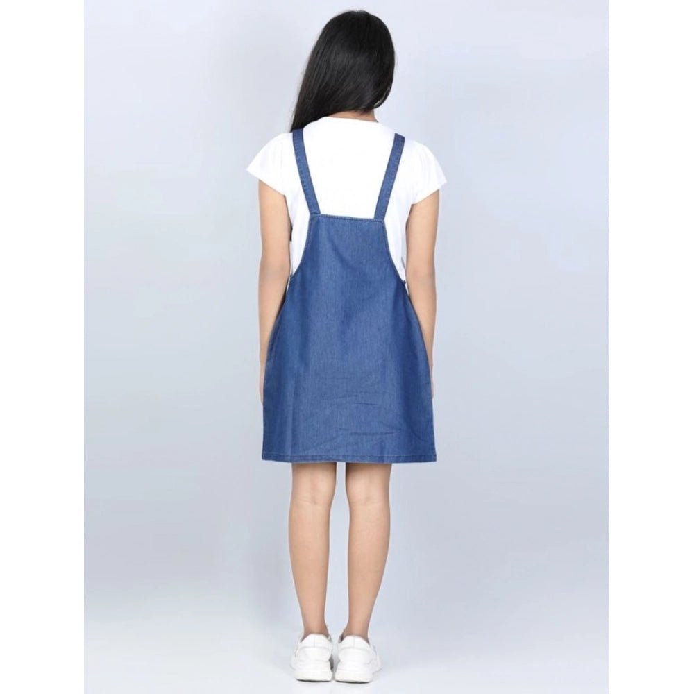 Girl's Denim Solid Sleeveless Dress (Blue) - Image 3