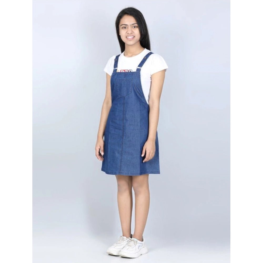 Girl's Denim Solid Sleeveless Dress (Blue) - Image 4