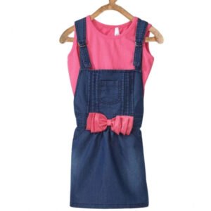 Girl's Denim ; Cotton Bow Sleeveless Dungaree (Pink)