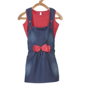 Girl's Denim ; Cotton Bow Sleeveless Dungaree (Red)