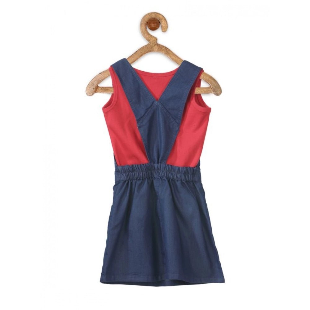 Girl's Denim ; Cotton Bow Sleeveless Dungaree (Red) - Image 2