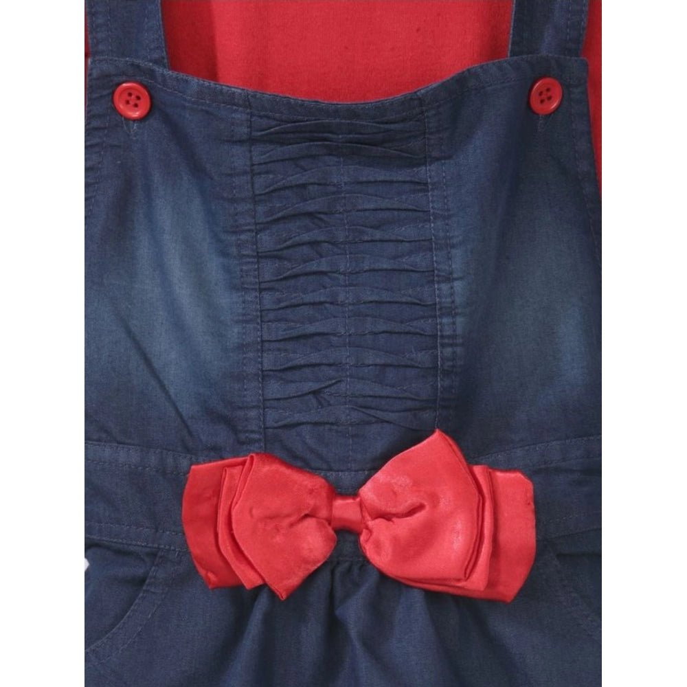 Girl's Denim ; Cotton Bow Sleeveless Dungaree (Red) - Image 3