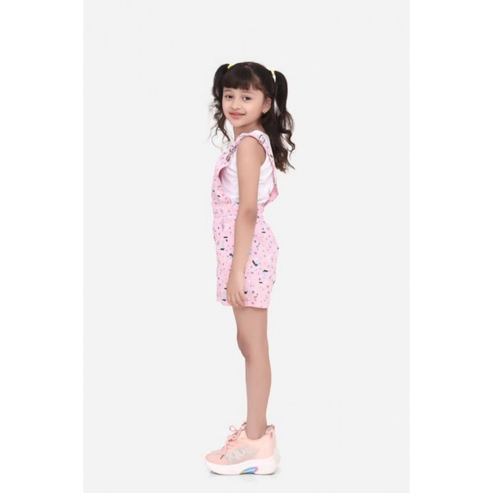 Girl's Inner- Cotton Printed Sleeveless Dungaree (Light Pink) - Image 4