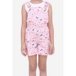Girl's Inner- Cotton Printed Sleeveless Dungaree (Light Pink)