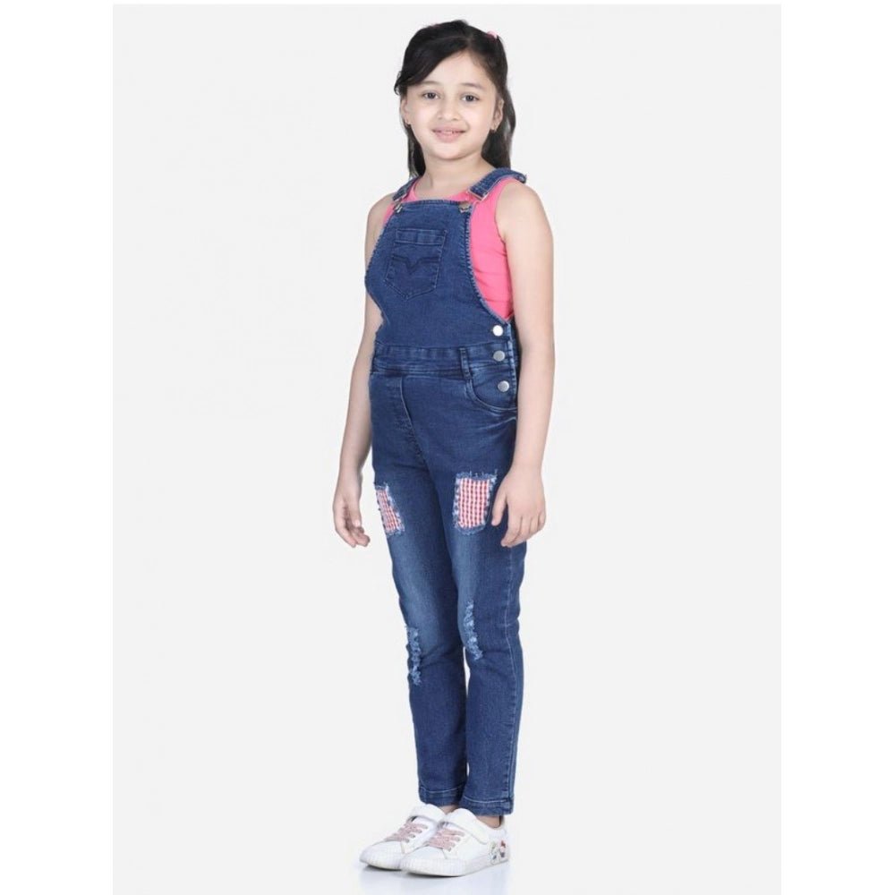 Girl's Denim Patch Work Buttoned Dungaree (Blue) - Image 2
