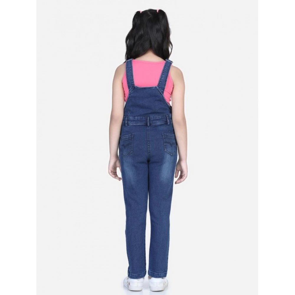 Girl's Denim Patch Work Buttoned Dungaree (Blue) - Image 3