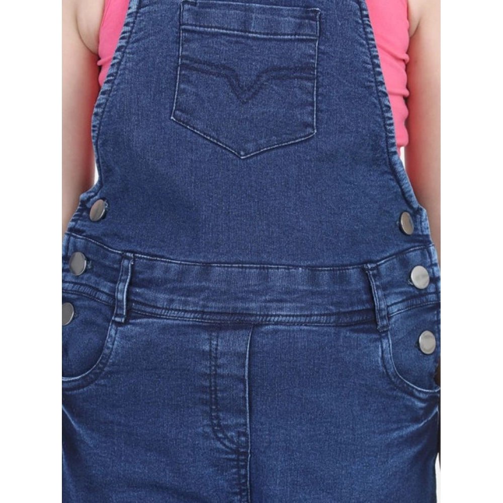 Girl's Denim Patch Work Buttoned Dungaree (Blue) - Image 4