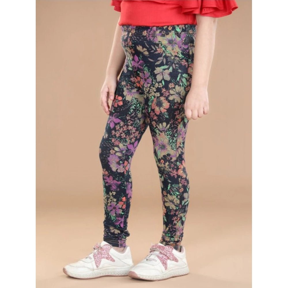 Girl's Cotton Lycra Floral Elasticated Jeggings (Multicolor) - Image 3