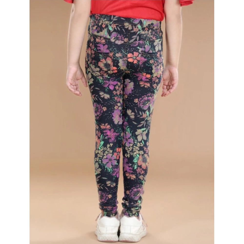 Girl's Cotton Lycra Floral Elasticated Jeggings (Multicolor) - Image 4