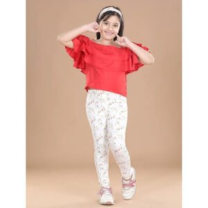Girl's Cotton Lycra Floral Elasticated Jeggings (White-Green)