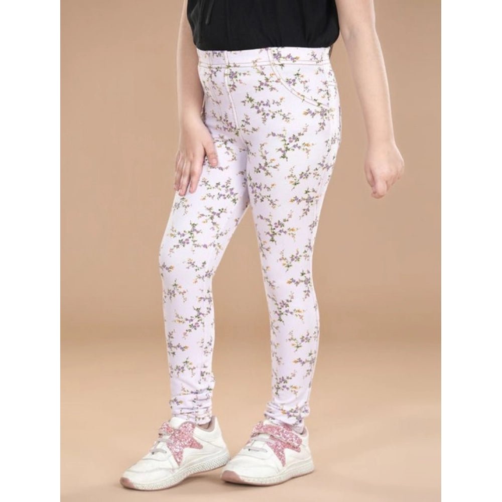 Girl's Cotton Lycra Floral Elasticated Jeggings (Multicolor) - Image 3