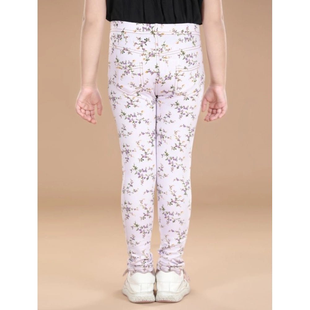 Girl's Cotton Lycra Floral Elasticated Jeggings (Multicolor) - Image 4