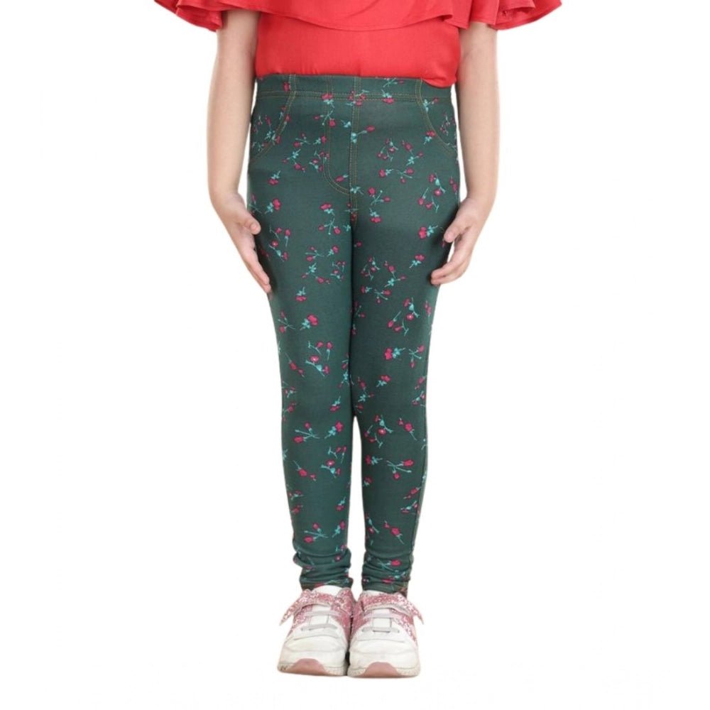 Girl's Cotton Lycra Floral Elasticated Jeggings (Bottle Green) - Image 2