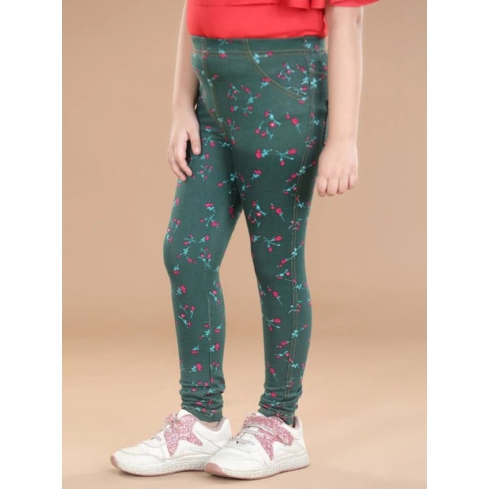 Girl's Cotton Lycra Floral Elasticated Jeggings (Bottle Green) - Image 3