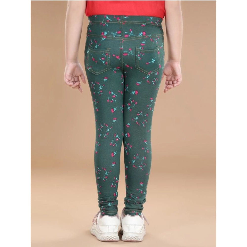 Girl's Cotton Lycra Floral Elasticated Jeggings (Bottle Green) - Image 4